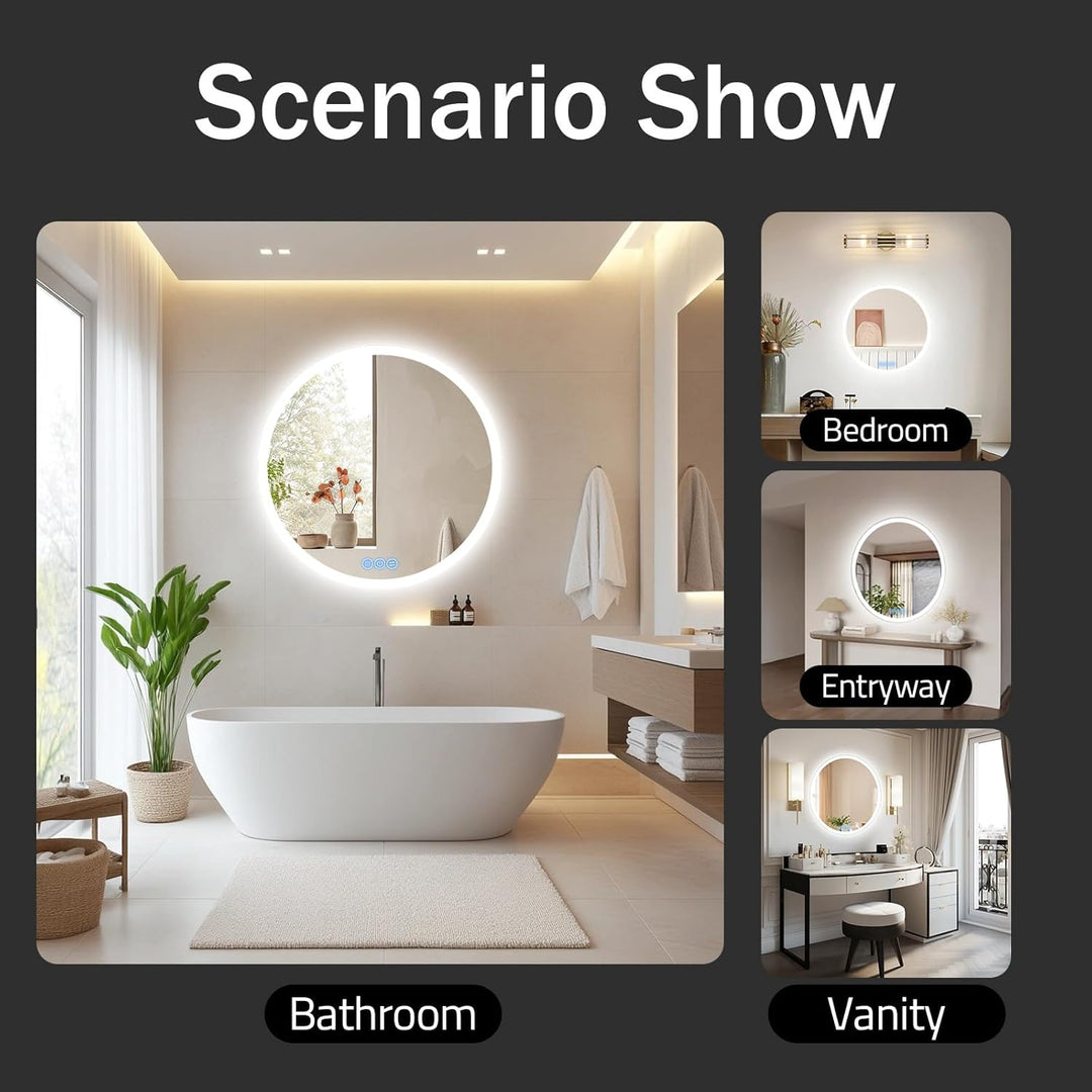 Badspiegel mit Beleuchtung Rund 80cm, LED-Badezimmerspiegel mit Touch-Schalter, Antibeschlag, 3 stuf