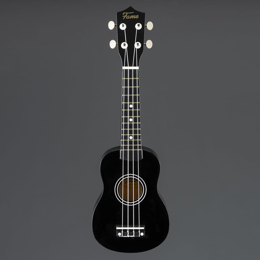Fame UKE-S BW Sopran Ukulele, Schwarz, Inklusive Tasche, Lindenholz-Korpus, 12-Bund Composite-Griffb