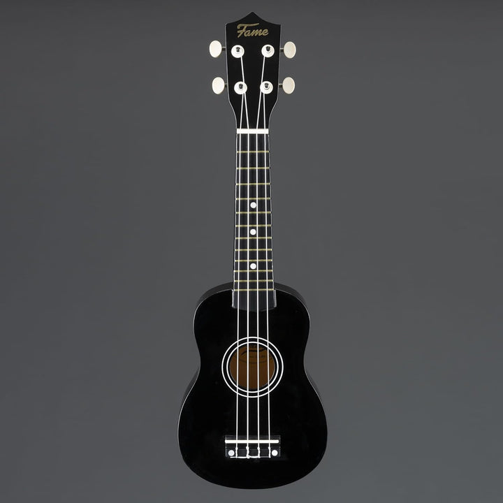 Fame UKE-S BW Sopran Ukulele, Schwarz, Inklusive Tasche, Lindenholz-Korpus, 12-Bund Composite-Griffb