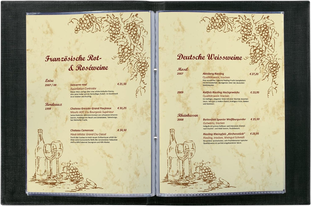 SIGEL SM136/5 Speisekarten-Mappen mit Buchschrauben-Bindung für A5, 5-er Pack, schwarz mit edler Lei