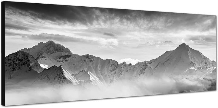 Paul Sinus Art Leinwandfoto als Panorama SCHWARZ/Weiss 150x50cm Berge Wald Schnee Nebel Abend