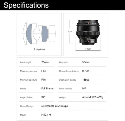 TTARTISAN 75mm F1.5 Gewirbeltes Bokeh Objektiv für M42 Mount Manueller Fokus Vollformat Kamera Objek