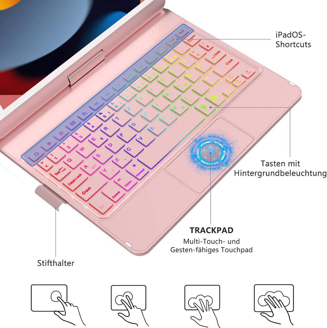 Tastatur Hülle für iPad 10.2 Zoll 9/8/7 Generation 2021/2020/2019, 360° Drehbare Touchpad Tastatur m