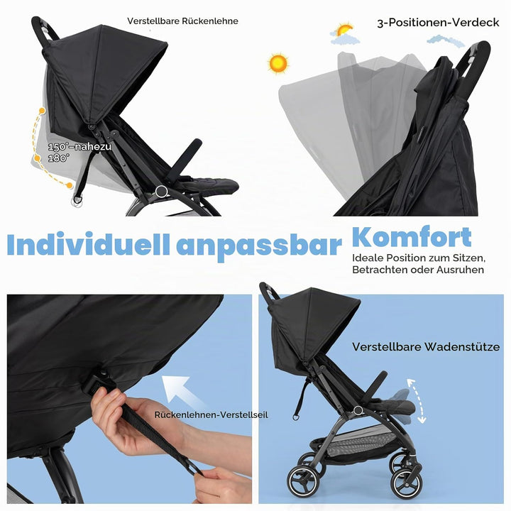 LIFEZEAL Faltbarer Kinderwagen mit neigbarer Rückenlehne, Kinderbuggy mit verstellbarem Sonnendach,
