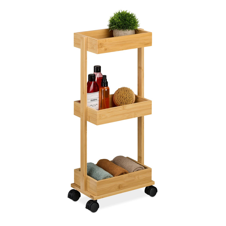Relaxdays Rollwagen, Bambus, 3 Ebenen, HxBxT: 71,5x31x18 cm, 4 Rollen, Badezimmer, Küche, schmaler B