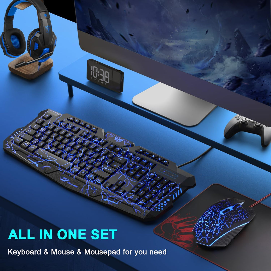 Gaming Tastatur und Maus Set mit Headset, QWERTZ DE Layout, Crack Beleuchtete Tastatur, 4 Farben LED