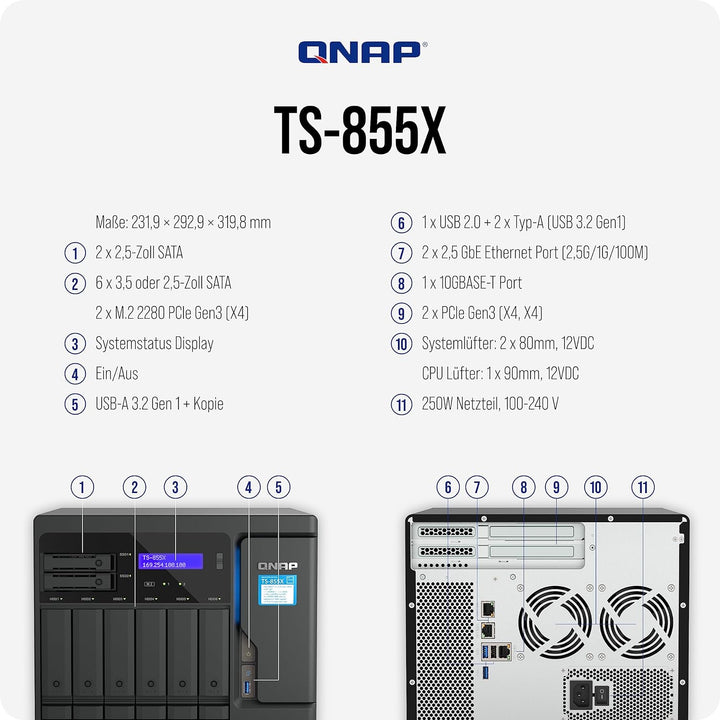 Qnap TS-855X-8G | 8-Bay, Intel Atom 8-Core, PCIe Gen3, 10 Gigabit NAS