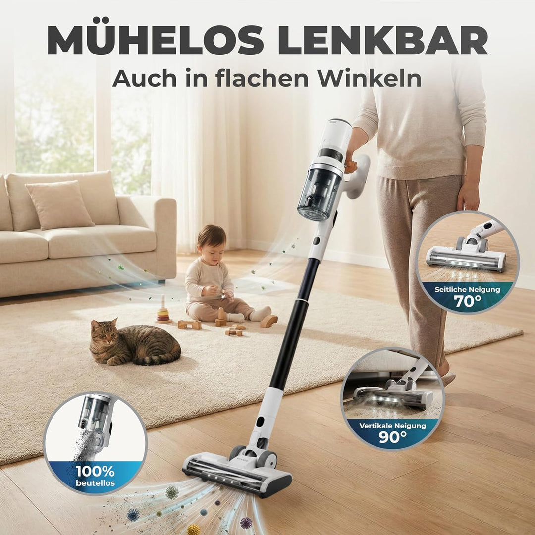 KLAMER Akku Staubsauger, 2-in-1 Staubsauger kabellos & Handstaubsauger, Akkulaufzeit bis 60 min, Akk