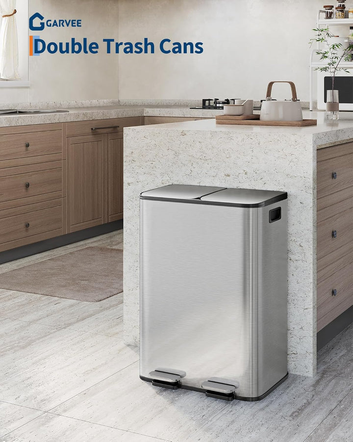 GarveeHome Mülleimer Küche, 2 x 30 L, Mülltrennsystem 2 Fächer, Edelstahl-Tretmülleimer mit Seitlich