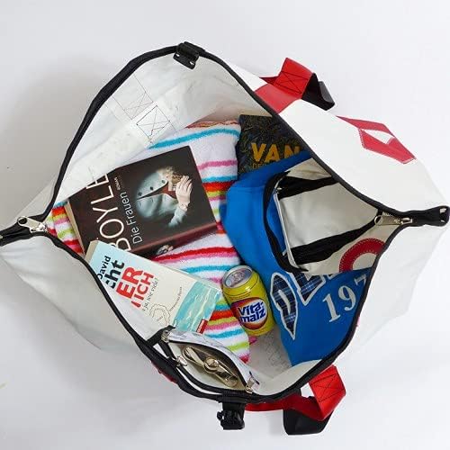 360 Grad Schlepper Mini Reisetasche klein, Segeltuch-Tasche weiss, mit RV, Zahl rot, Gurt beige, mar