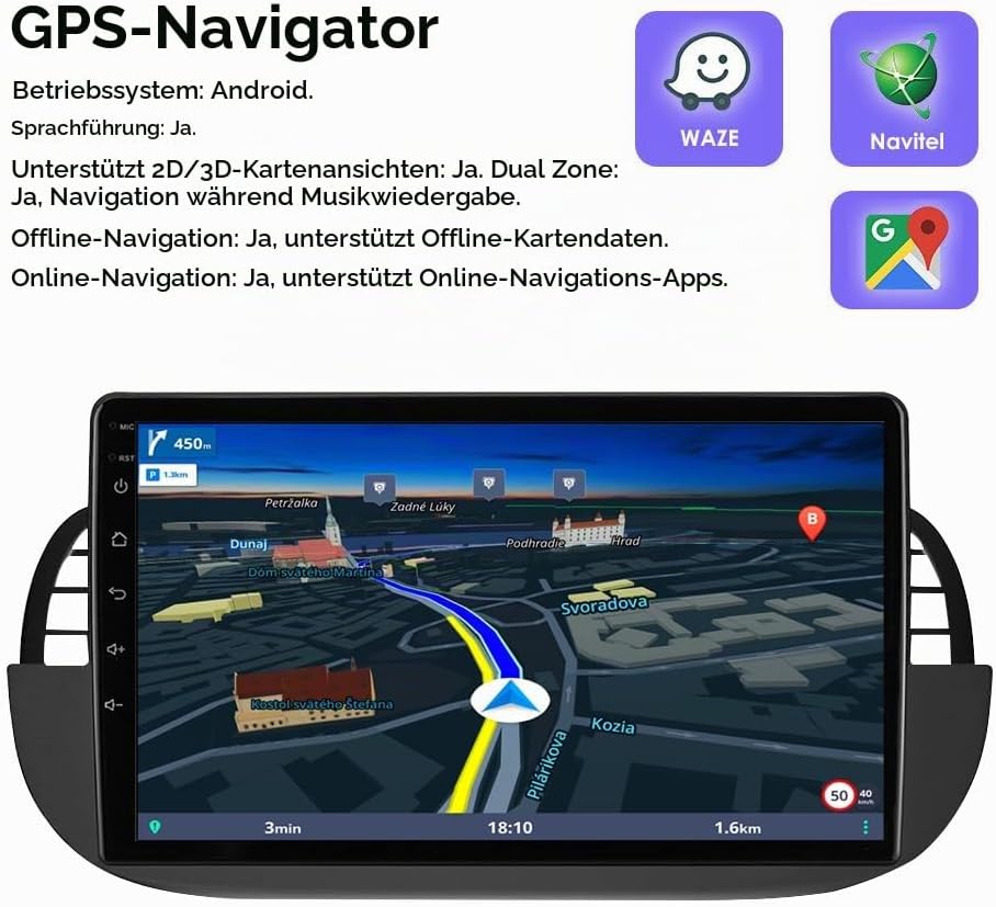 hizpo 9 Zoll Touchscreen Autoradio Kompatibel mit FIAT 500 2007-2014 mit Carplay/Android Auto 4-Core