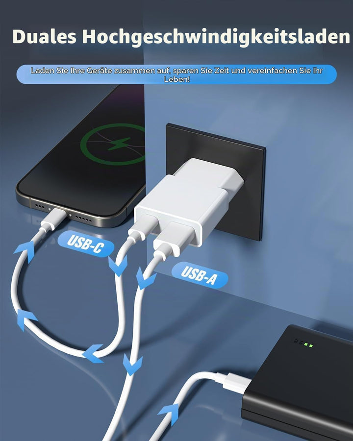 USB Ladegerät 5W Slim Ladestecker Netzteil 5V 1A 2Port USB C+ USB A Netzstecker Adapter, Steckdosena