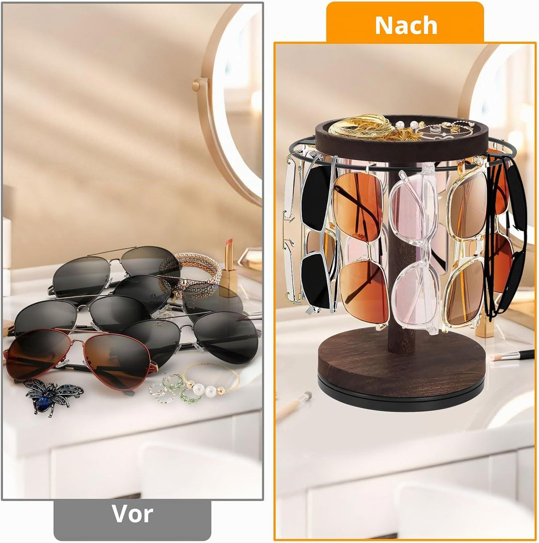 Qivine Brillenständer für Mehrere Brillen, Metallrahmen Brillenhalter Tisch mit Holzsockel, 360° Dre