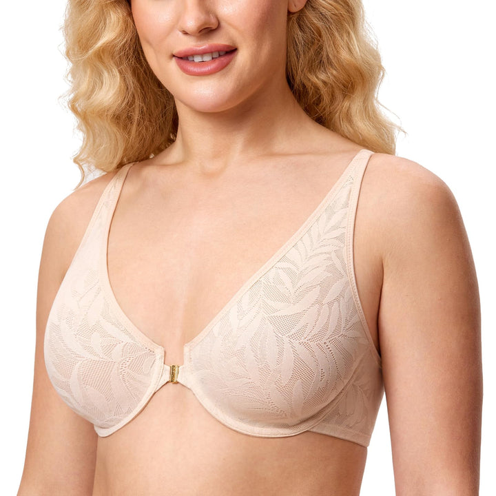 AISILIN Damen BH mit Spitze mit Vorderverschluss Grosse Grössen Bügel ohne Polster, 70F Beige