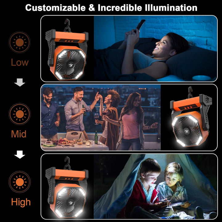 Campingventilator mit LED-Laterne, 20000mAh Zeltventilator mit Haken, 270° Drehung, 4 Geschwindigkei