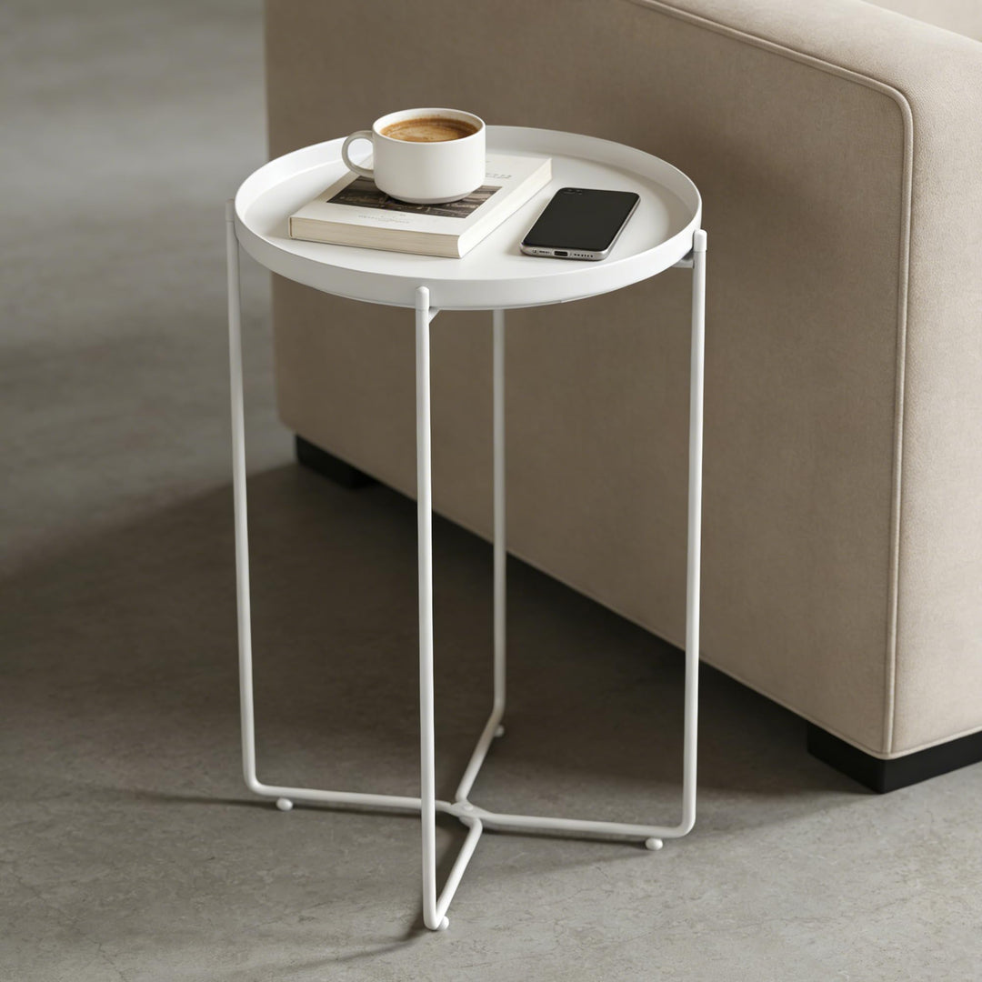 Mai &amp; Mai Beistelltisch rund Ø37×H51 cm, Couchtisch klein Weiss | Balkontisch mit abnehmbarem Tablet