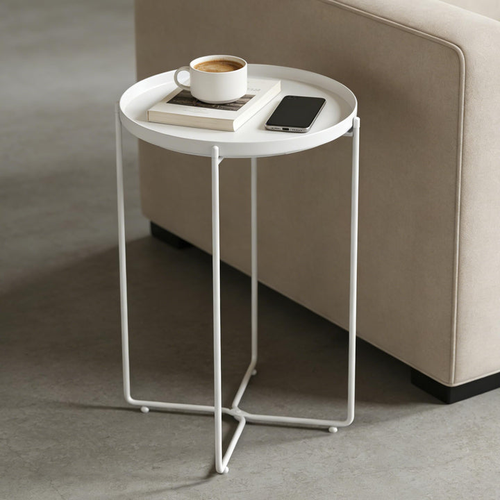 Mai &amp; Mai Beistelltisch rund Ø37×H51 cm, Couchtisch klein Weiss | Balkontisch mit abnehmbarem Tablet