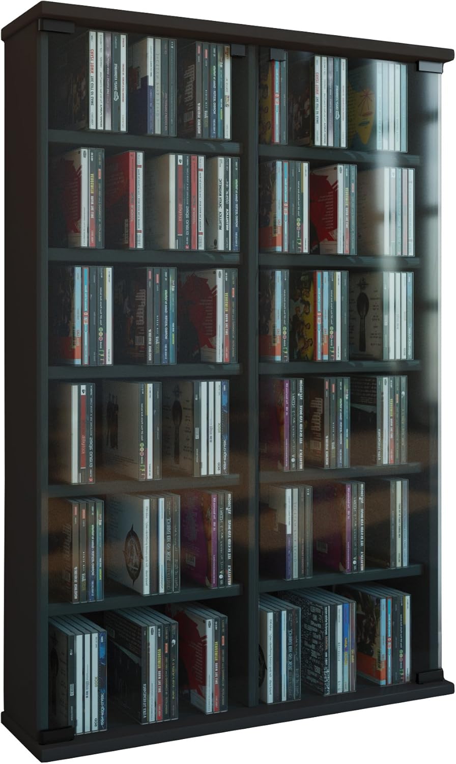 VCM Holz CD DVD Stand Regal Schrank Aufbewahrung Standregal Ständer Roma Glastür Schwarz, Schwarz