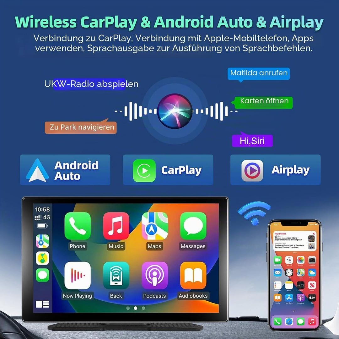 Podofo Wireless CarPlay Android Auto Tragbares Autoradio 9 Zoll IPS Touchscreen Autoradio Kabelloses