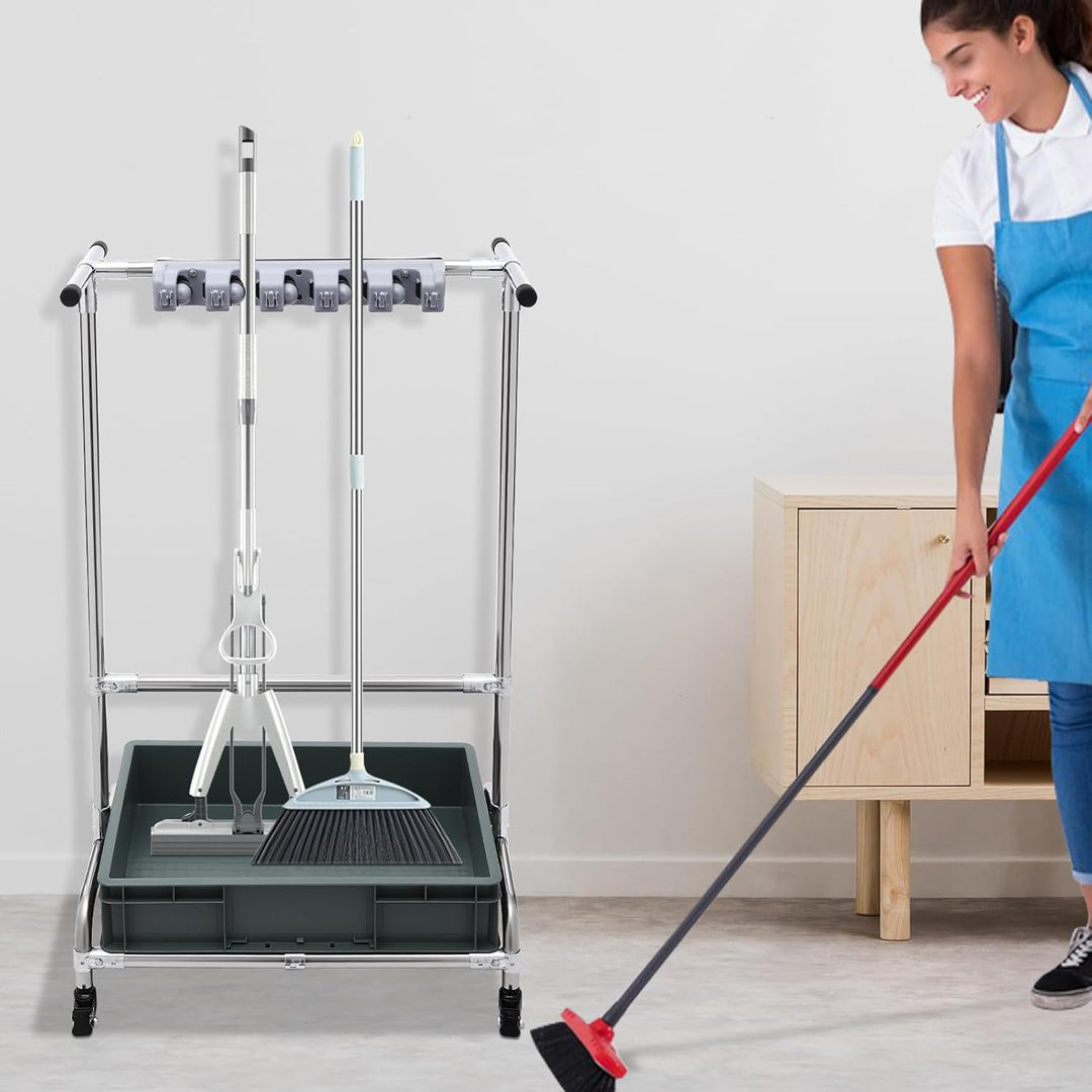 Mopphalter mit Rollen, Besenhalter Standregal aus Edelstahl, Reinigungsgeräte Organizer mit Auffangs