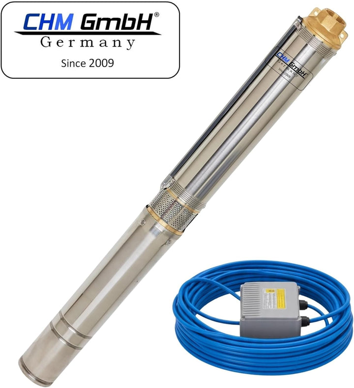 CHM GmbH® Tiefbrunnenpumpe 3,5 Zoll Ø 9,1 cm, Brunnenpumpe 1100 Watt 6000 L/h 9,1 Bar Tauchpumpe 3%