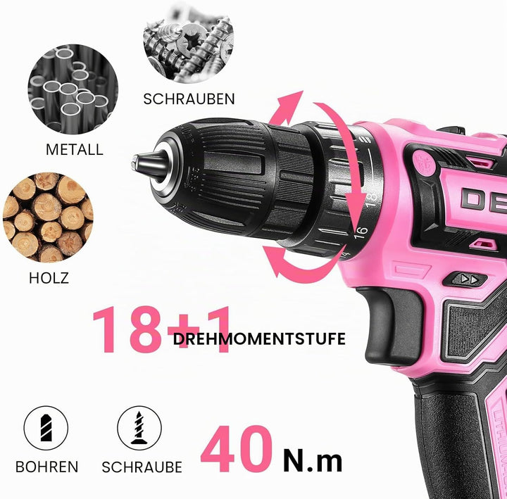 20 V Akkuschrauber für Damen:DEKOPRO 40 N.m Akku Schrauber mit Akku und Ladegerät，30 pcs Zubehör Boh