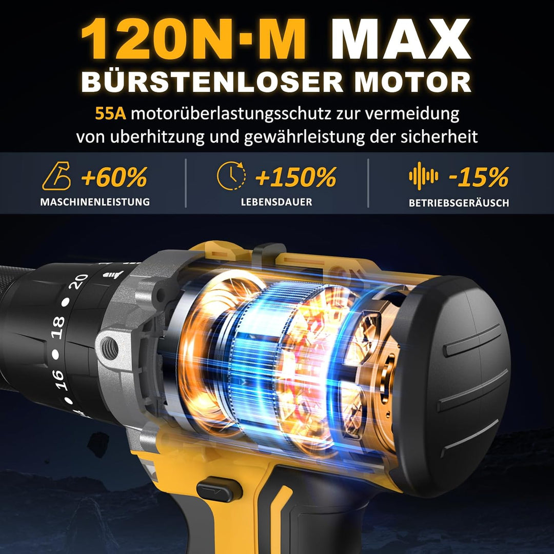 Akkuschrauber mit Schlagbohrfunktion 21V - 120Nm Bürstenloser Akku Schlagbohrschrauber Set mit 2x4Ah