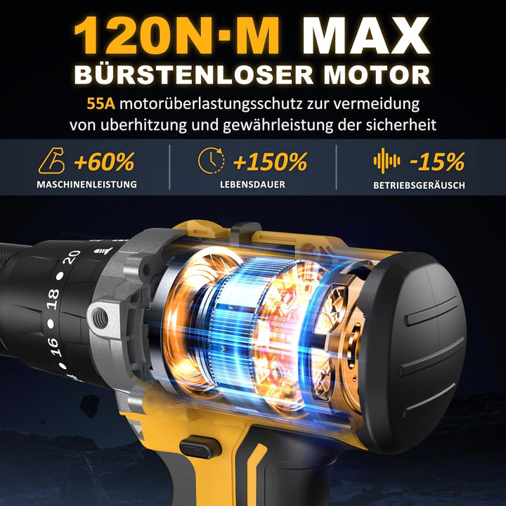 Akkuschrauber mit Schlagbohrfunktion 21V - 120Nm Bürstenloser Akku Schlagbohrschrauber Set mit 2x4Ah