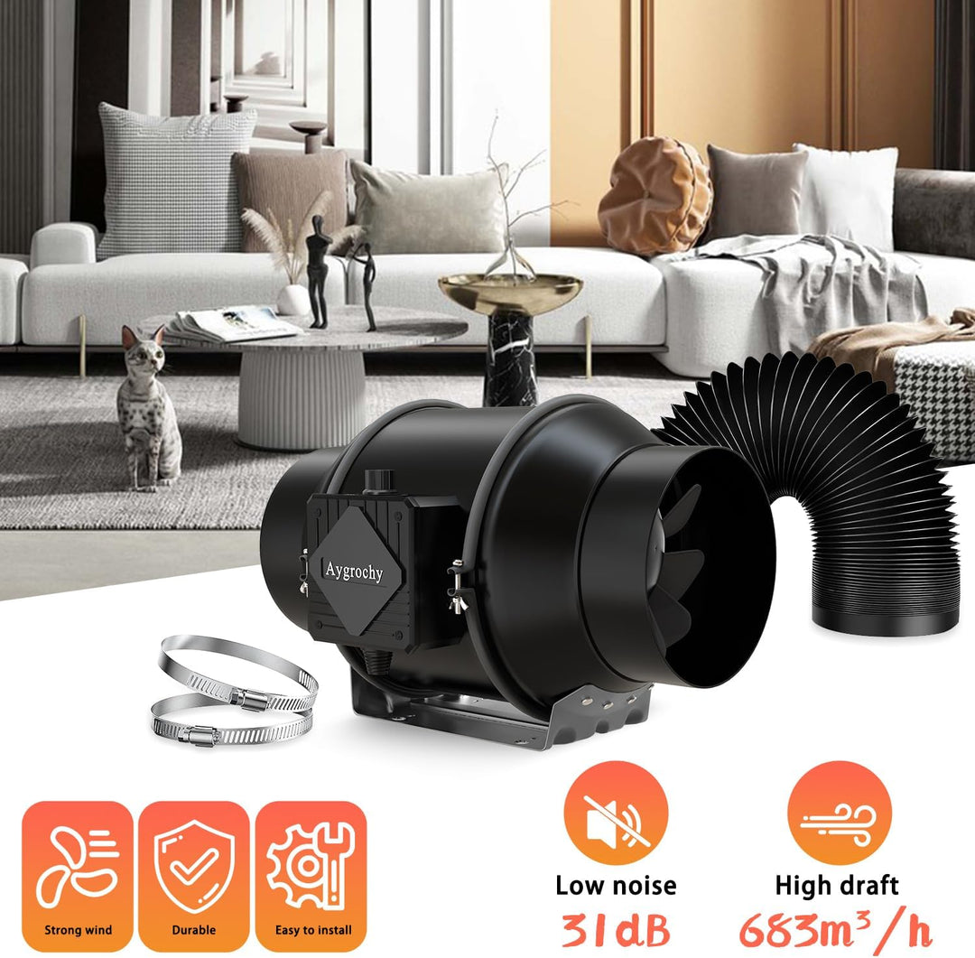 Aygrochy Regelbar Rohrventilator 150mm mit abluftschlauch, Drehstrom EC Motor Abluftventilator für H