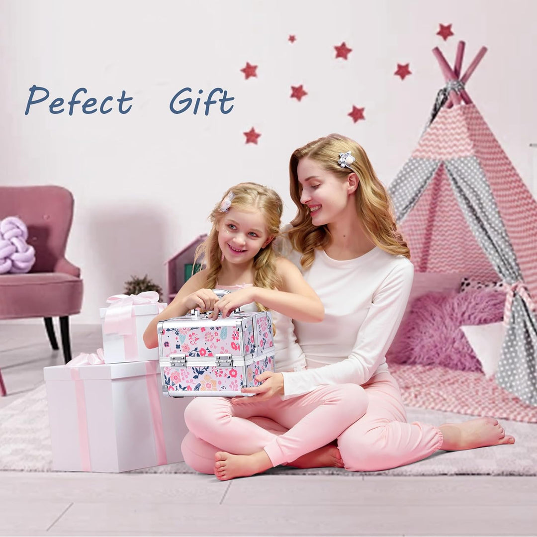 Kosmetikkoffer Schminkkoffer Schmuckkoffer Kosmetik-Makeup-Koffer mit Spiegel Pink, Blumen Blumen Ro