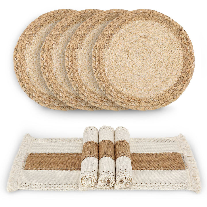 Zology Handgefertigte Boho Tischsets 4er Set - Natürliche Baumwolle Sackleinen und Wasser Stroh Gewe