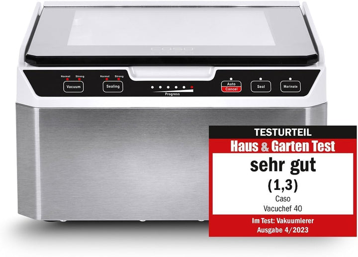 Caso VacuChef 40 - Kammervakuumierer aus Edelstahl, 1417 & Siegelrandbeutel 25 x 35 cm, 90 mμ, 100 S