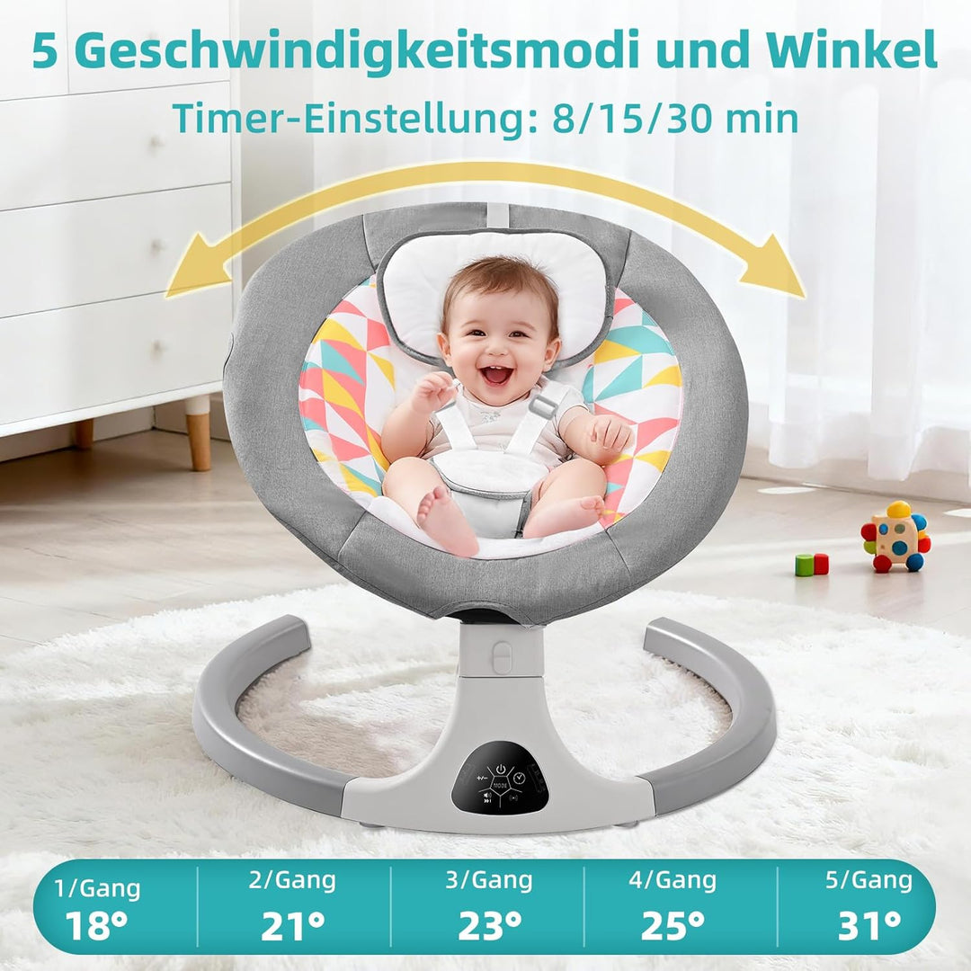 Babywippe Elektrisch,Babyschaukel Indoor Bluetooth, 5 Schwinggeschwindigkeit, 3 Winkellage, Fernsteu