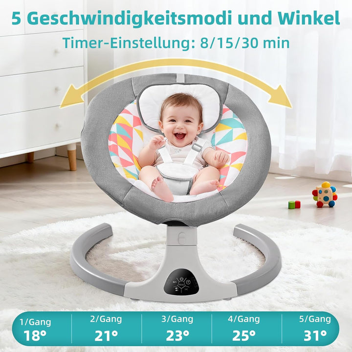 Babywippe Elektrisch,Babyschaukel Indoor Bluetooth, 5 Schwinggeschwindigkeit, 3 Winkellage, Fernsteu