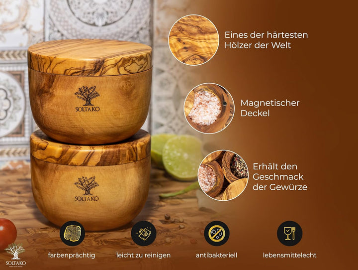 SOLTAKO edle luftdichte Salzdose aus exklusivem Olivenholz, Zuckerdose mit Deckel - Aufbewahrungsdos