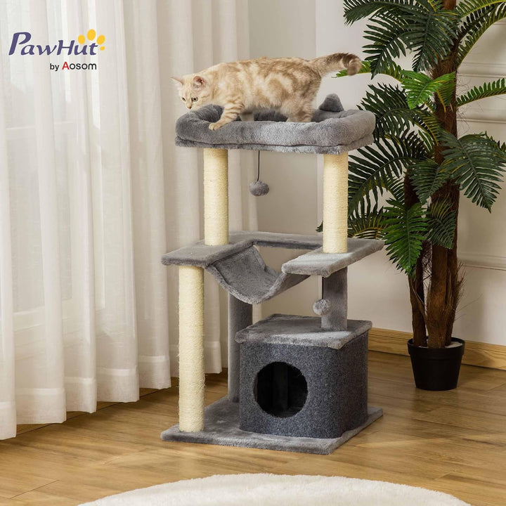 PawHut Kratzbaum 90 cm mit Hängematte für Katzen unter 4 kg Grau | Katzenturm, Höhle, 2 Plüschballen