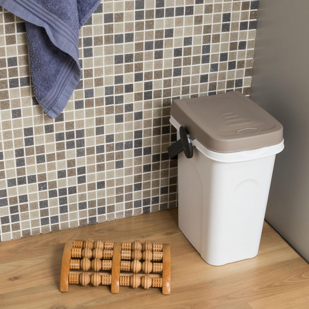 Abfalleimer 7 Liter Weiss-Taupe 23x19x30,5cm - mit Gummidichtung im Deckel mit dem Henkel verschlies