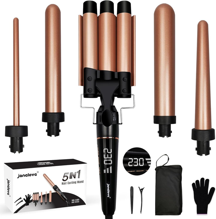 5 in 1 Lockenstab Set 3 Fässer Welleneisen Lockenstab für Grosse Locken, Kleine Locken, Temperaturei