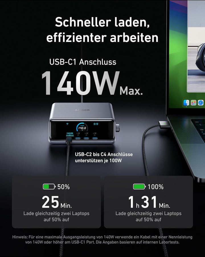 Anker Prime 250W USB-C Ladegerät, Ultra-schnelle 6-Port GaN Ladestation, 2,26" LCD-Display und Smart