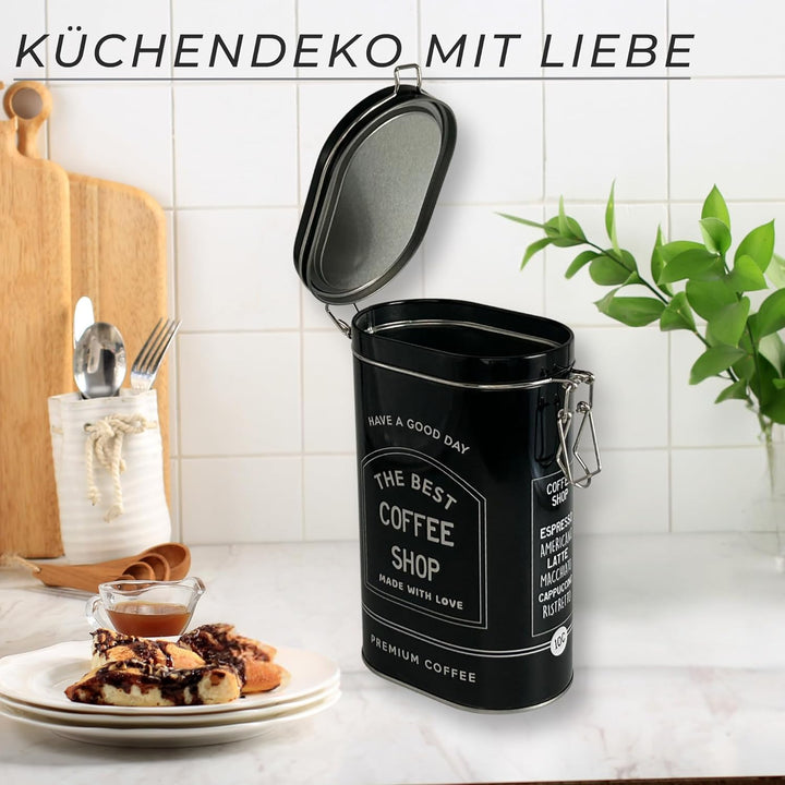 MediMuc Vorratsdose Kaffeedose Teedose oval lackiert schwarz mit weisser Schrift mit Bügelverschluss