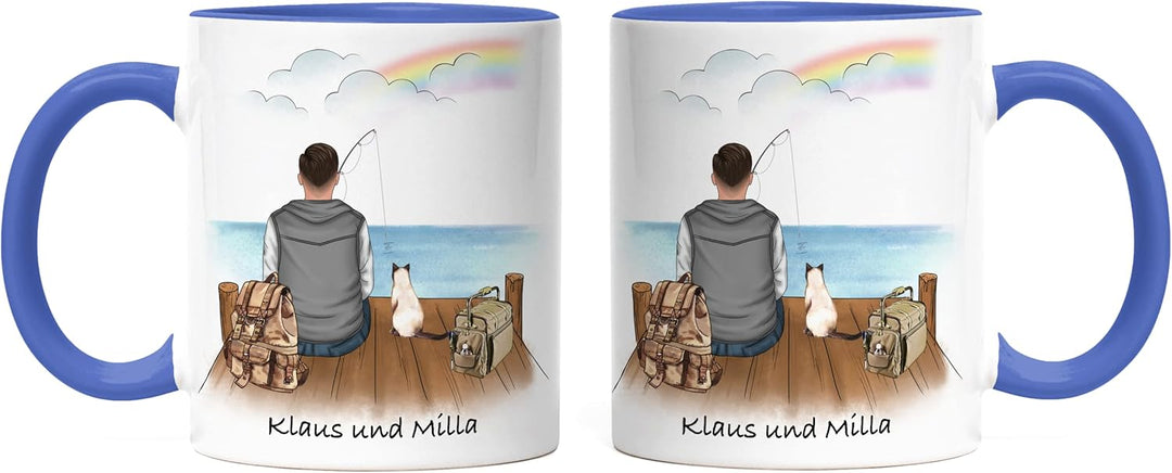 Angler &amp; Hund Tasse Blau Personalisiert Individuell mit Name Angeln Fischen Geschenk Opa Vater zum V