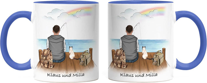 Angler &amp; Hund Tasse Blau Personalisiert Individuell mit Name Angeln Fischen Geschenk Opa Vater zum V