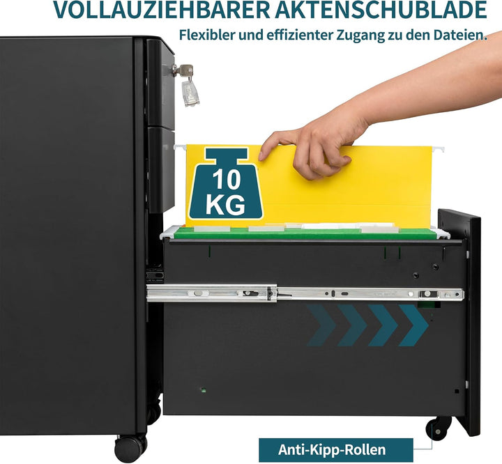 Rollcontainer, Aktenschrank, Schubladenschrank, Büroschrank aus Metall, Vormontiert, Abschliessbarer