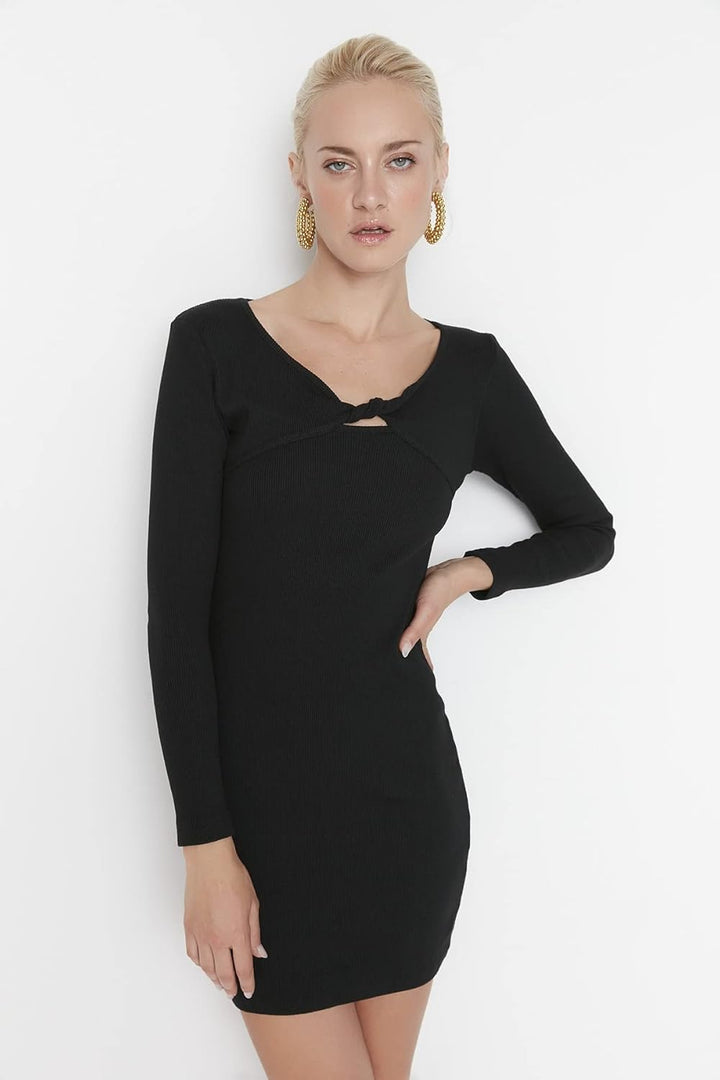TRENDYOL Damen Woman Midi Bodycon Polo Neck Knitwear Plus Size Dress Kleid, Schwarz