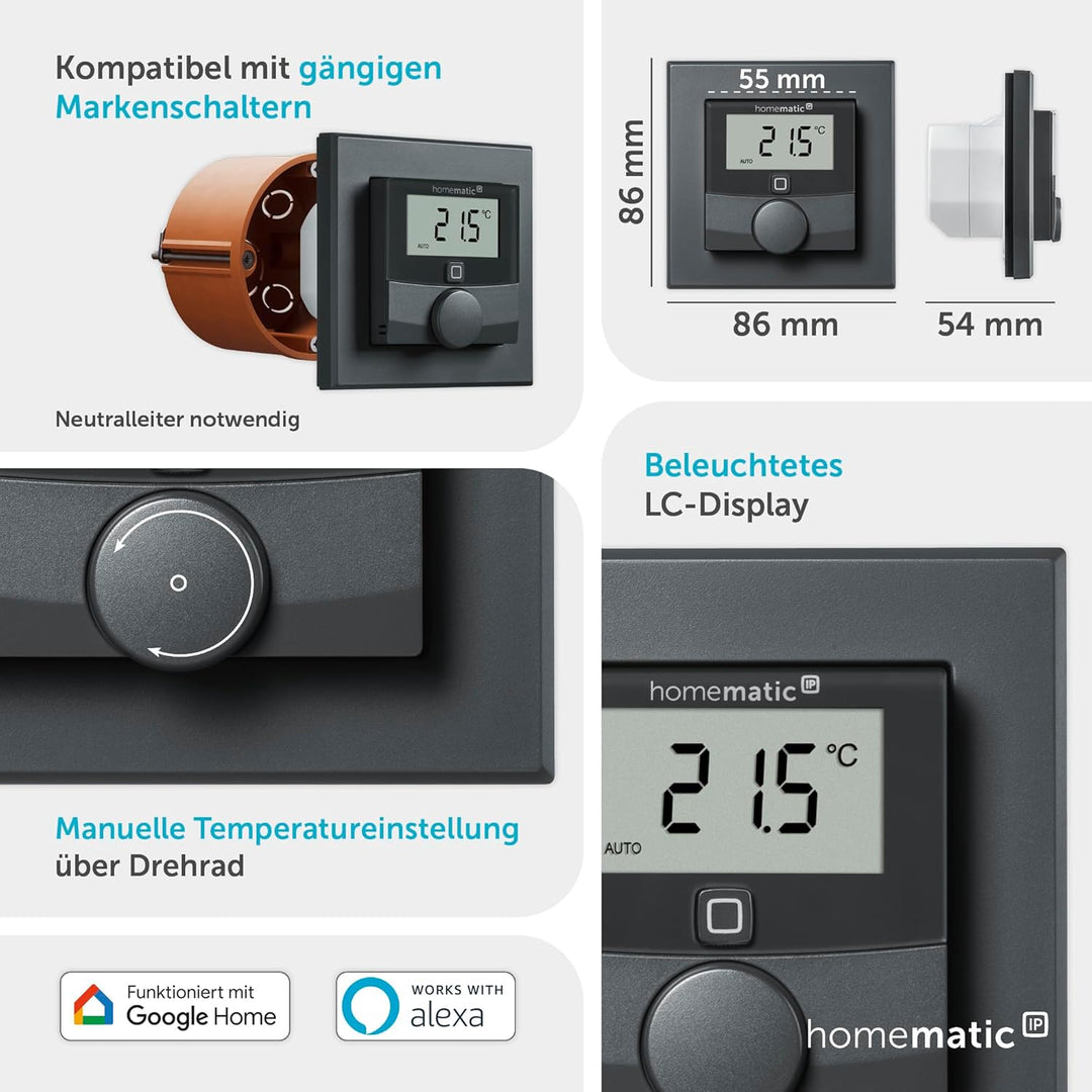 Homematic IP Smart Home Wandthermostat mit Schaltausgang – für Markenschalter, anthrazit, digitales