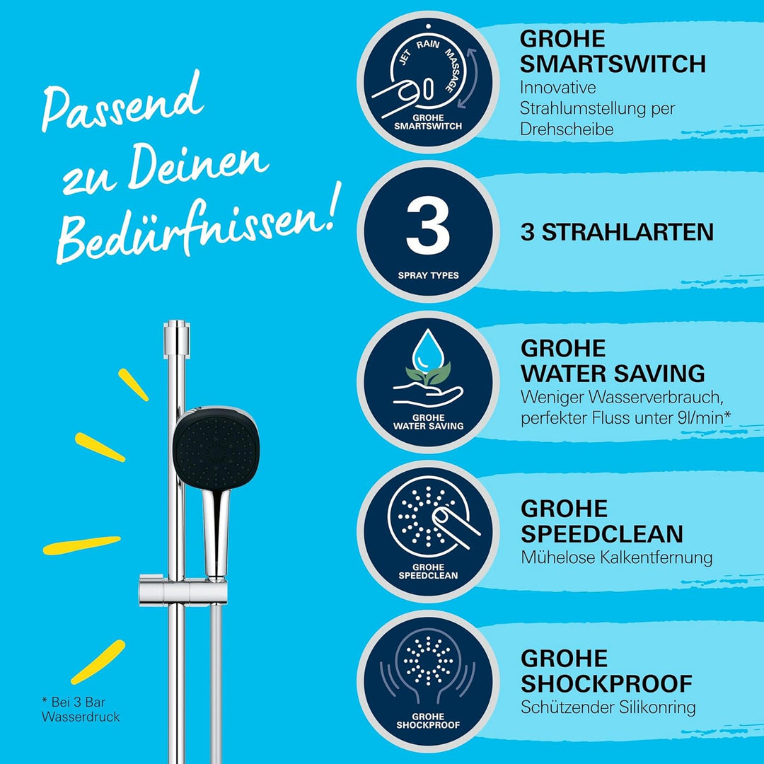 GROHE Vitalio 110, Duschset wassersparend, 8l pro Min (Duschstangenset mit: Duschkopf 3 Strahlarten,