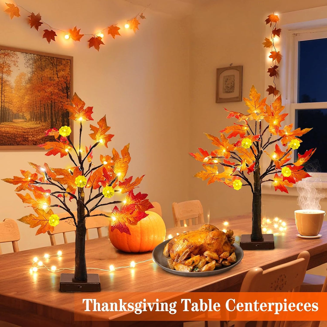 TURNMEON [ 2 Pack &amp; Timer 24 Inch Lighted Maple Tree Fall Decor, Total 48 LED Battery Operated Table