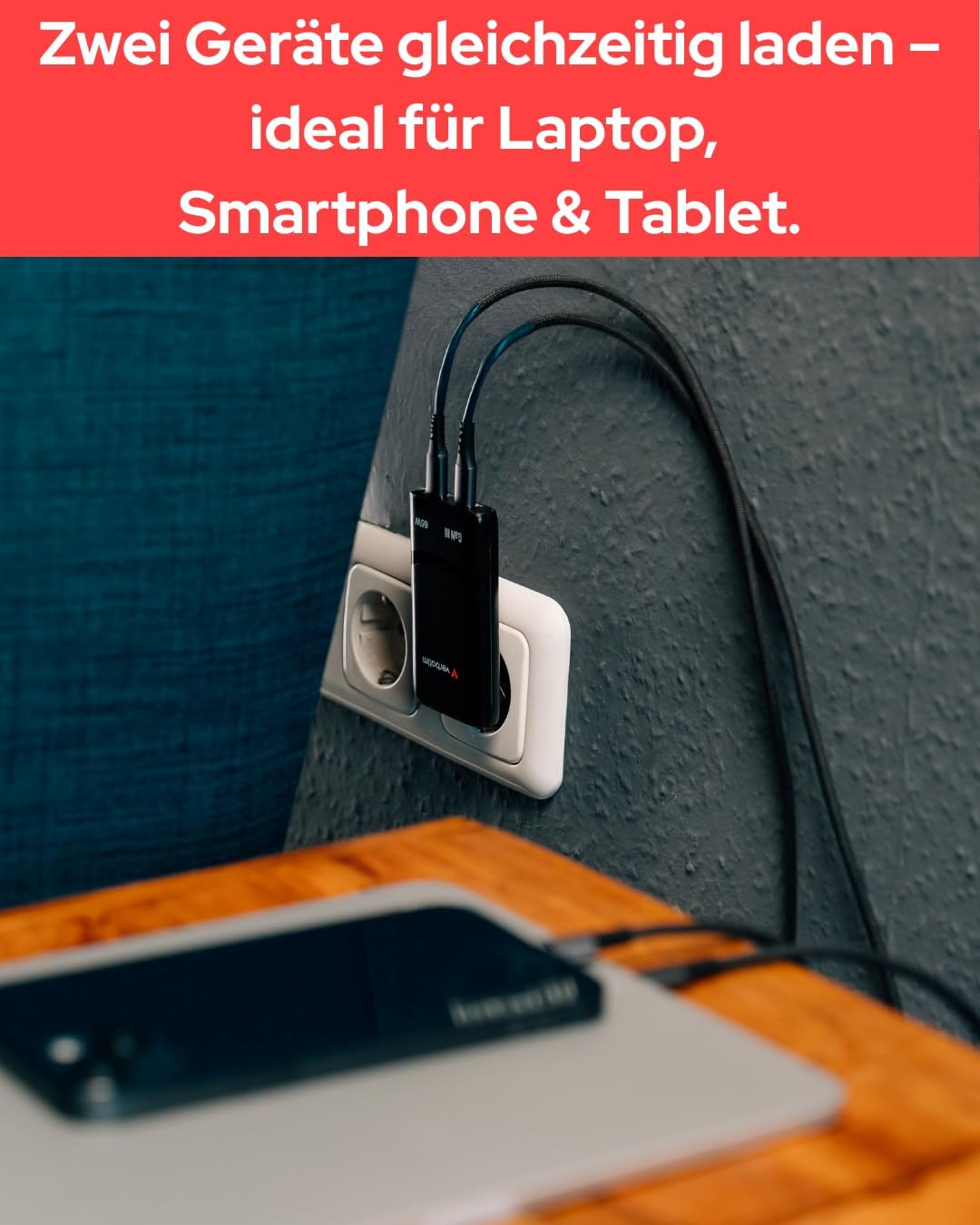 Verbatim Fold 'n' Go GaN Charger 65W, 2 Ports USB-C Ladegerät, faltbar, PD3.0, Kompakt, Schnellladeg