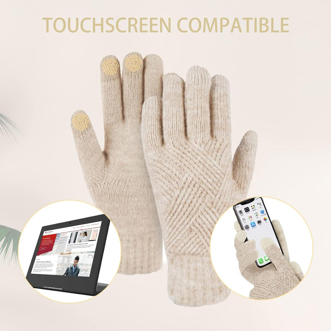 Damen Bommelmütze, Schals, Handschuhe, Set, Thermo, Winter, warm, Strickmütze, Halswärmer und Touchs