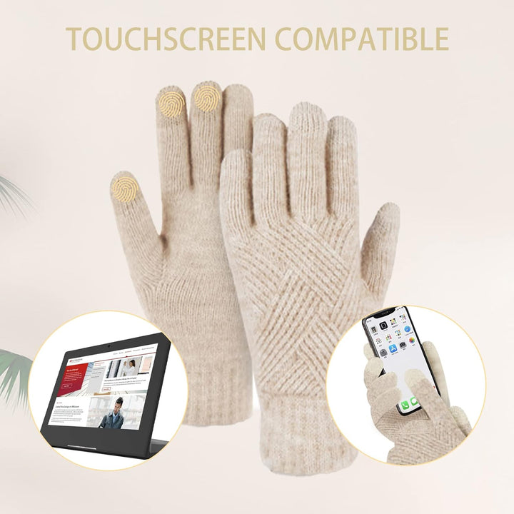Damen Bommelmütze, Schals, Handschuhe, Set, Thermo, Winter, warm, Strickmütze, Halswärmer und Touchs